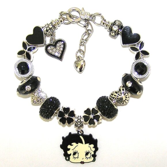 Betty Boop Bracelet With Stylish Black European Beads & Charms, Crystals, Hearts - Picture 4 of 6